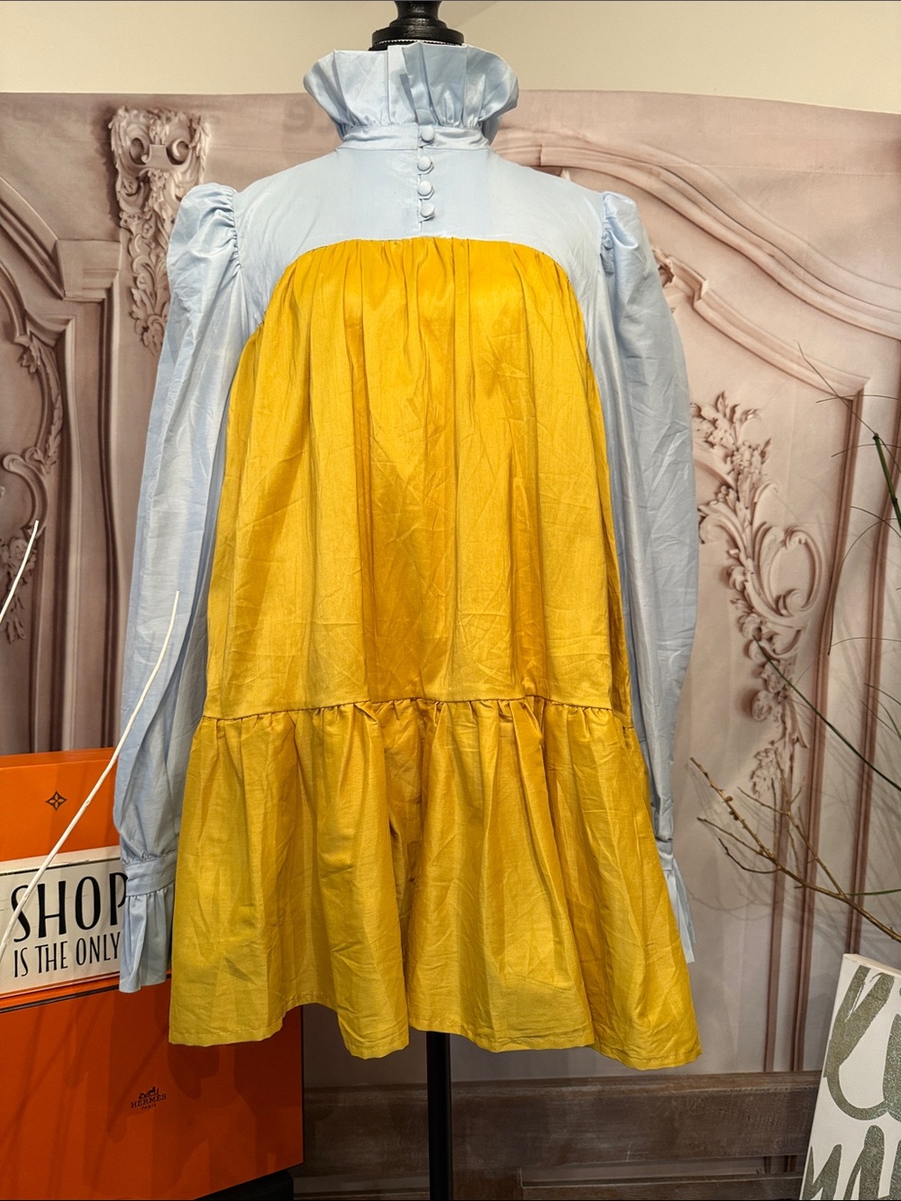 Light Blue and Bright Yellow Ruffled High-Neck Tunic Dress